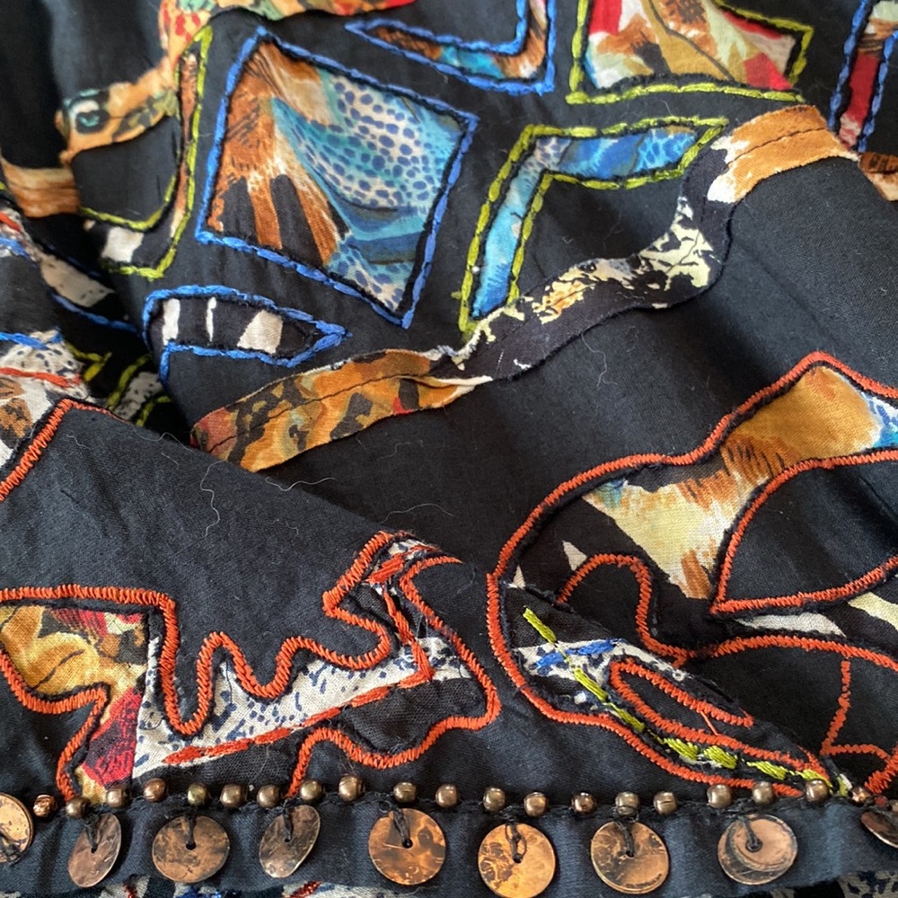 Upcycled long denim duster / jean jacket OOAK Reworked tiered appliqué boho - Picture 7 of 12
